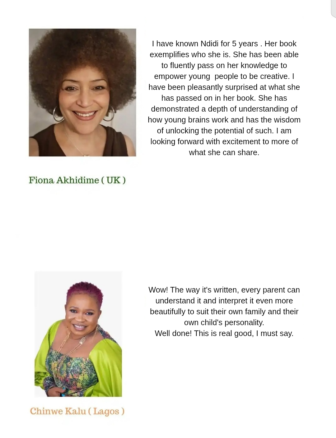 Reader testimonials from Fiona Akhidime and Chinwe Kalu